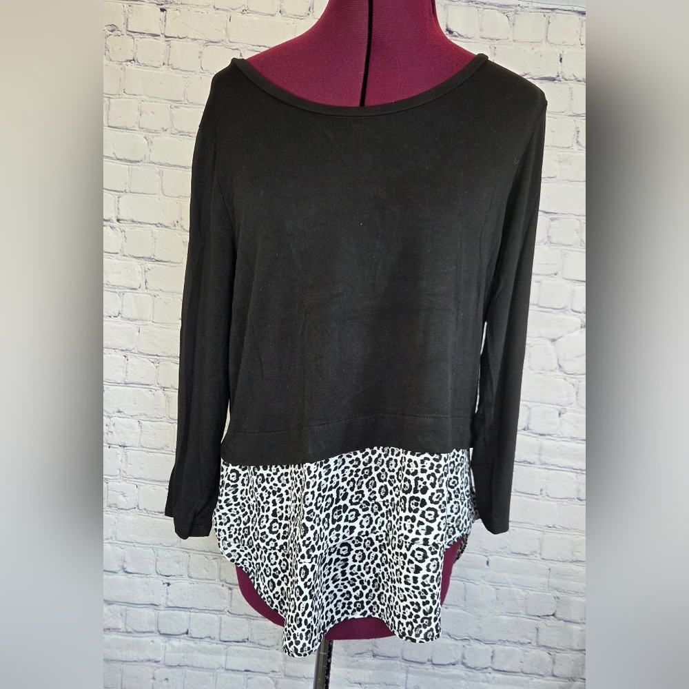 Michael Kors Black Top with White Leopard Print Hem